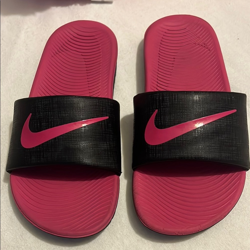 Nike Pink and Black Slide Sandals
